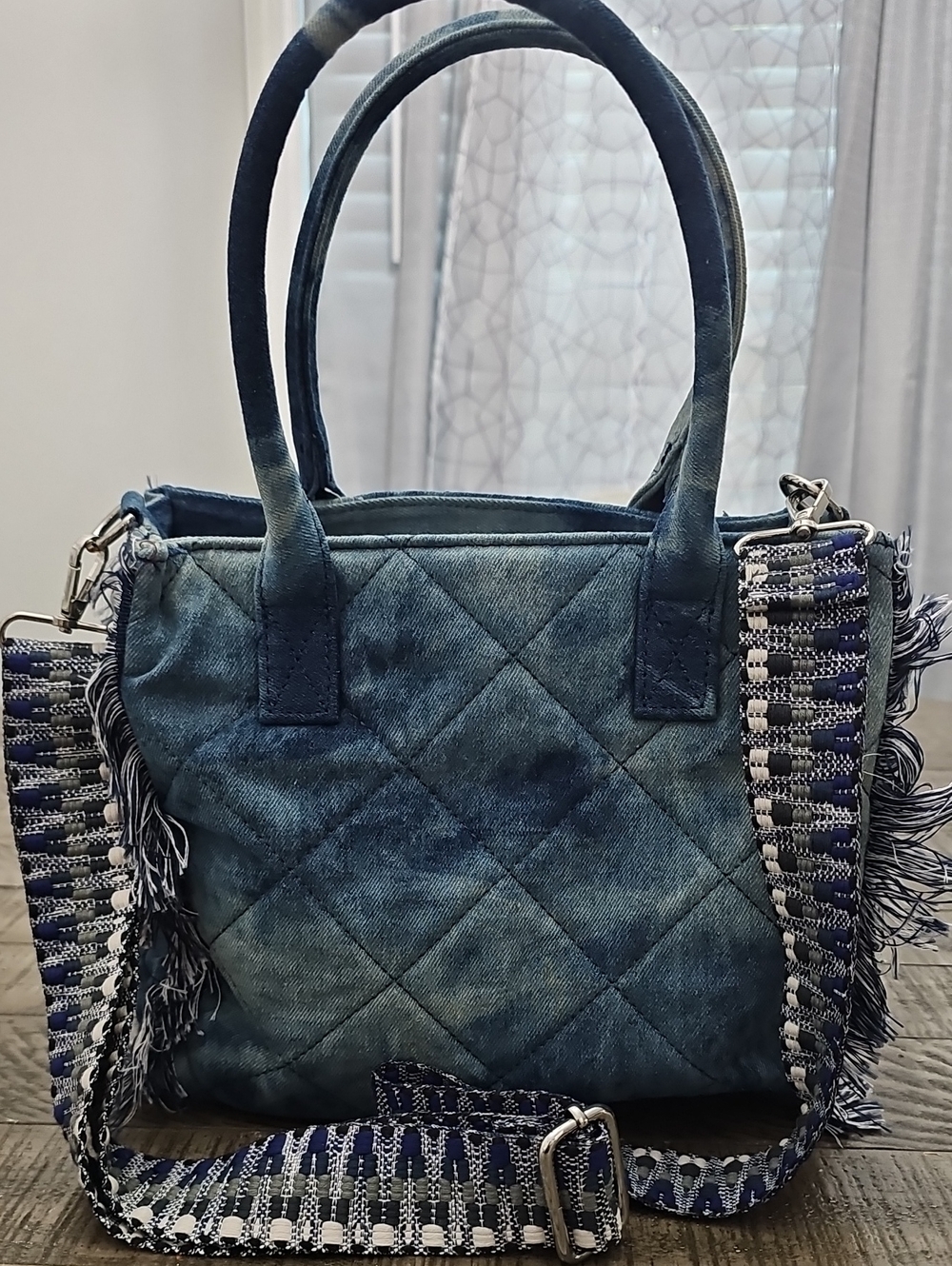 Quilted Denim Tote Bag with Patterned Strap - Blue